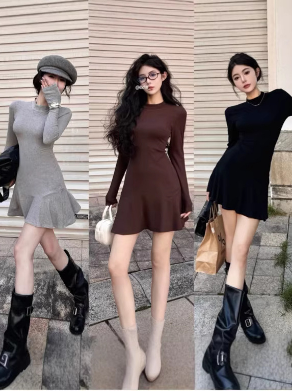 Purely Sexy Ruffled Half-High Collar Waist-Cinching Long-Sleeve Dress for Women, Spring and Autumn Slim-Fit Bodycon Short Dress for Trendy Girls