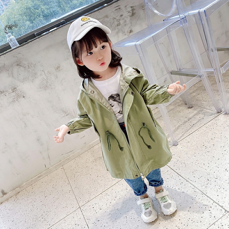 Spring and Autumn Women's Children's Windbreaker Coat Baby Chic Children's Personality Trendy Brand Korean Version Hooded Waist-increasing Long-sleeved Coat 