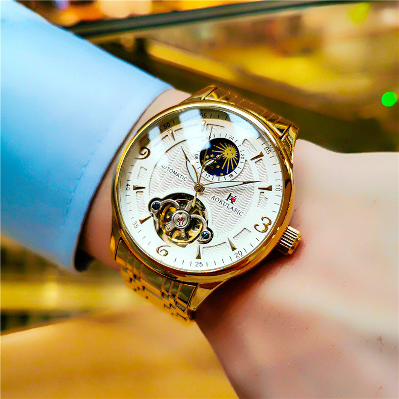 AOKULASIC hueco-hacia fuera transparente inferior luminoso Tourbillon reloj mecánico automático moda reloj de los hombres de moda 1922