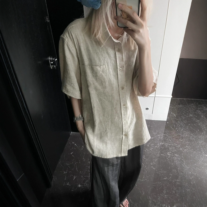Нишевая японская и корейская модная повседневная рубашка унисекс из хлопка и льна с текстурой для отдыха, свободная плиссированная белоснежная рубашка унисекс с короткими рукавами