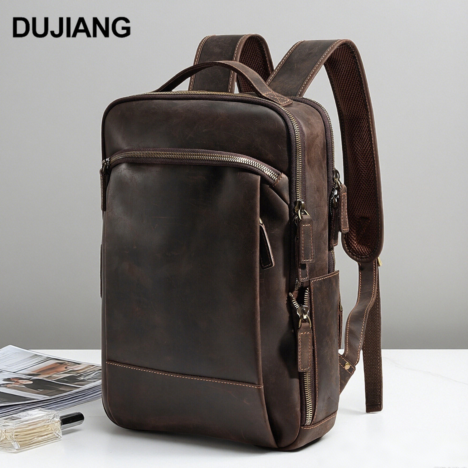 Crazy Horse Leather Backpack Genuine Leather Men's Backpack Computer Bag Large Capacity Outdoor Travel Bag Multifunctional Bag Men's Bag