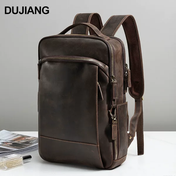 Crazy Horse Leather Backpack Genuine Leather Men's Backpack Computer Bag Large Capacity Outdoor Travel Bag Multifunctional Bag Men's Bag