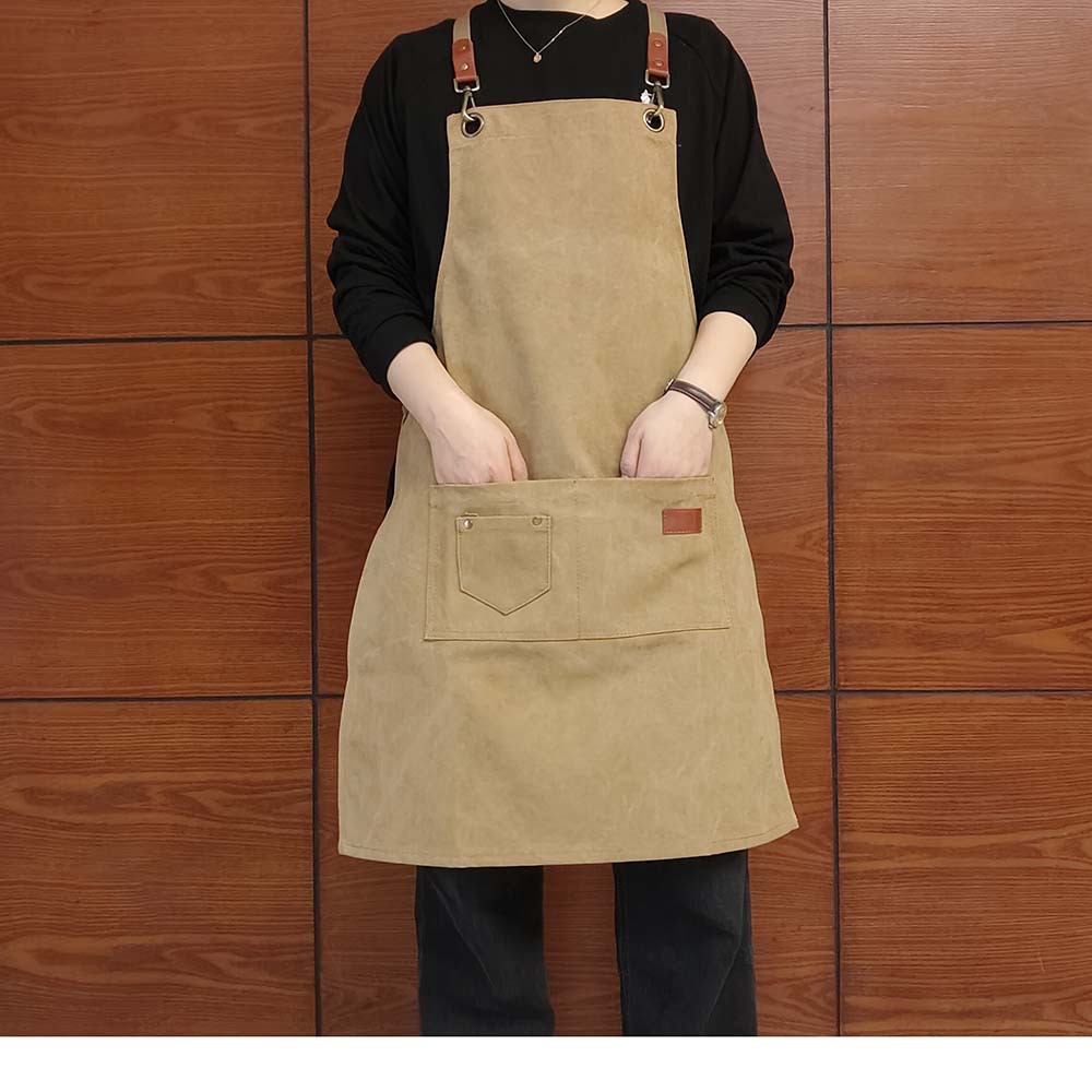 定 制logo卡其色帆布围裙耐磨实用潮流户外围裙野餐服务员