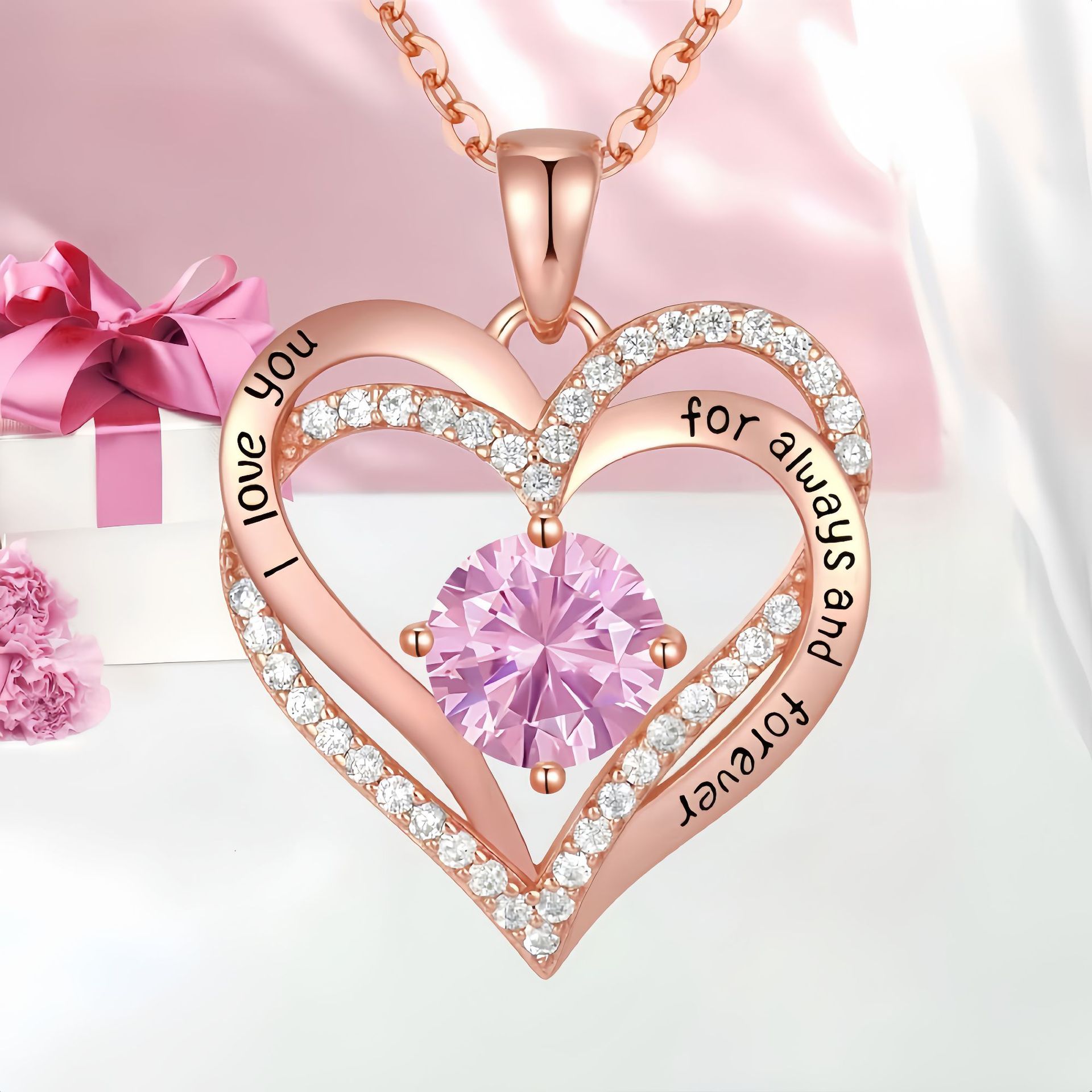 Collar de corazón de circonita colorida con colgante de oro rosa de doble capa, regalo para San Valentín y Día de la Madre