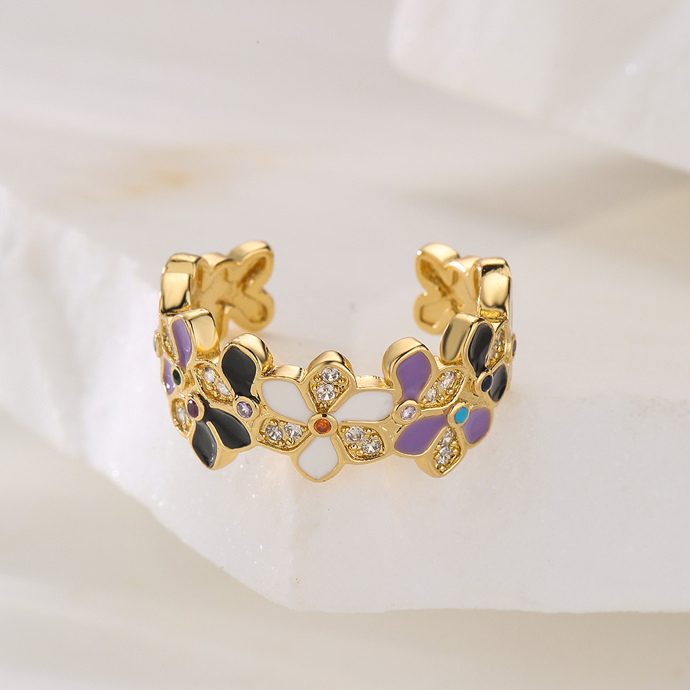 Fashion Flower Copper Enamel Gold Plated Zircon Open Ring 1 Piece