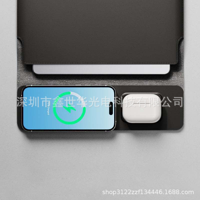 Business Office Computer Bag PU Leather Three-in-One Wireless Charger Wireless Charger Suitable for Apple Phone Headset Charger