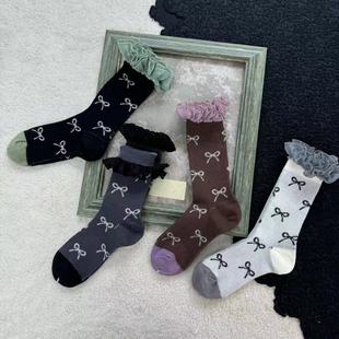 Japanese New Double Needle Double Road Bright Bow Women's Socks Autumn and Winter Breathable Distinctive Trendy Socks Combed Cotton Fashion Women's Socks
