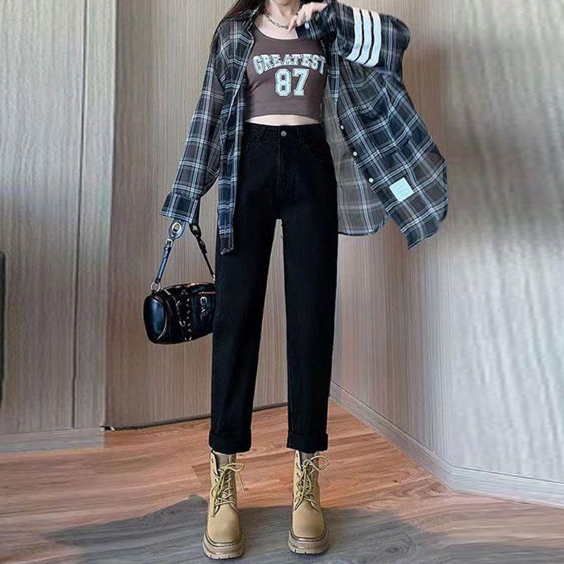 美式高街复古蓝阔腿牛仔裤女2025新款梨形宽松高腰垂感弯刀裤子|undefined