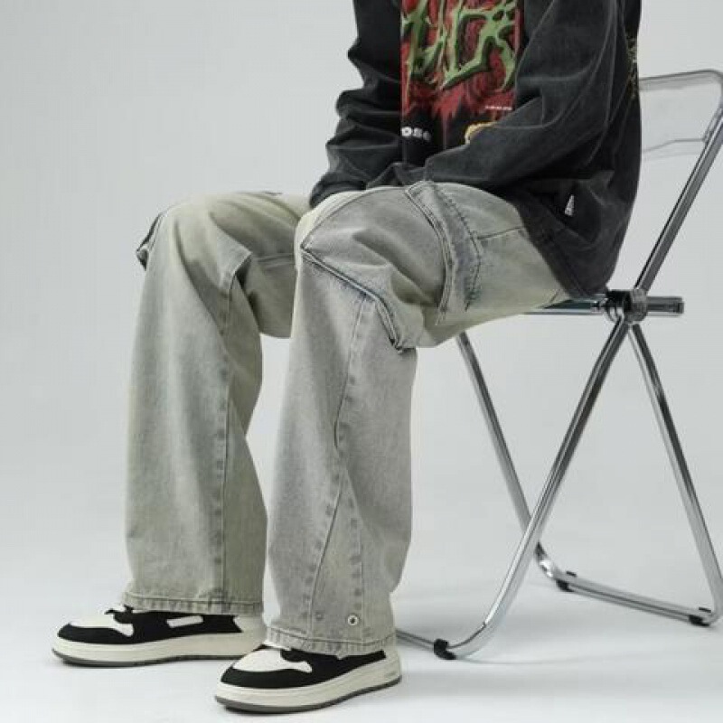 2025 American Style Retro Men's Pants High Street Black Tooling Jeans Men's Loose Straight Dipped Wide Leg Pants