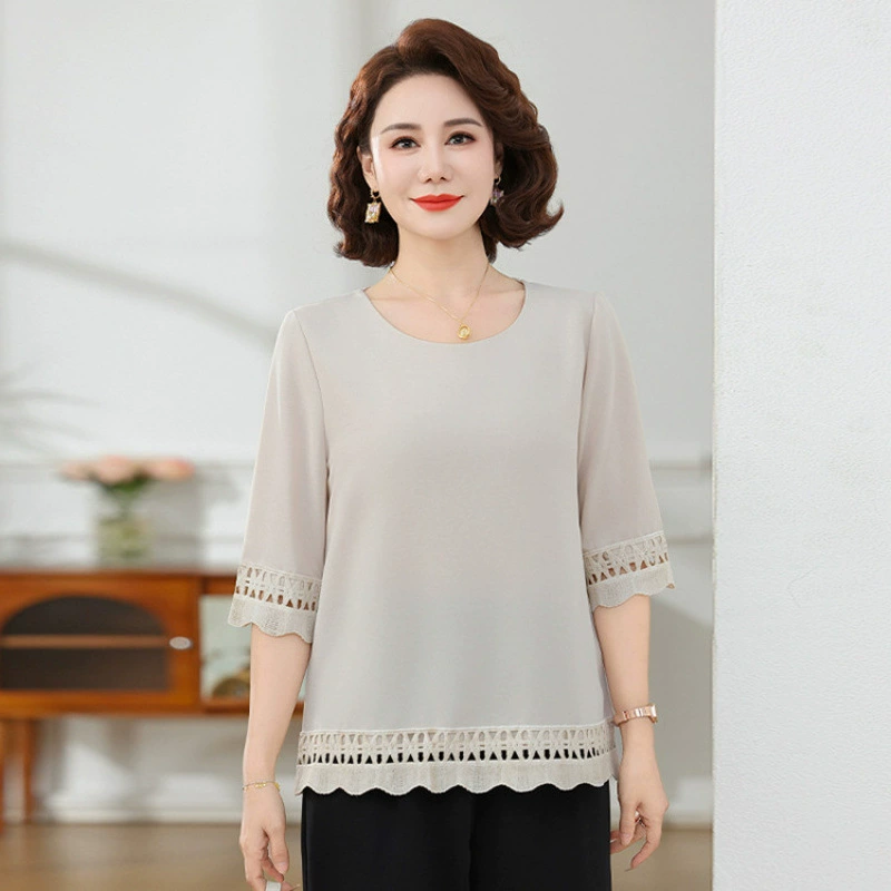 Летняя элегантная шифоновая рубашка с крючком для мамы, новинка 2025 года, свободная одежда большого размера для женщин среднего и пожилого возраста, закрывающая живот