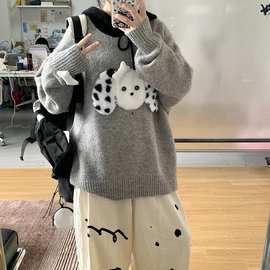 日系可爱斑点小狗毛贴布绣连帽毛衣女秋冬新款宽松针织衫