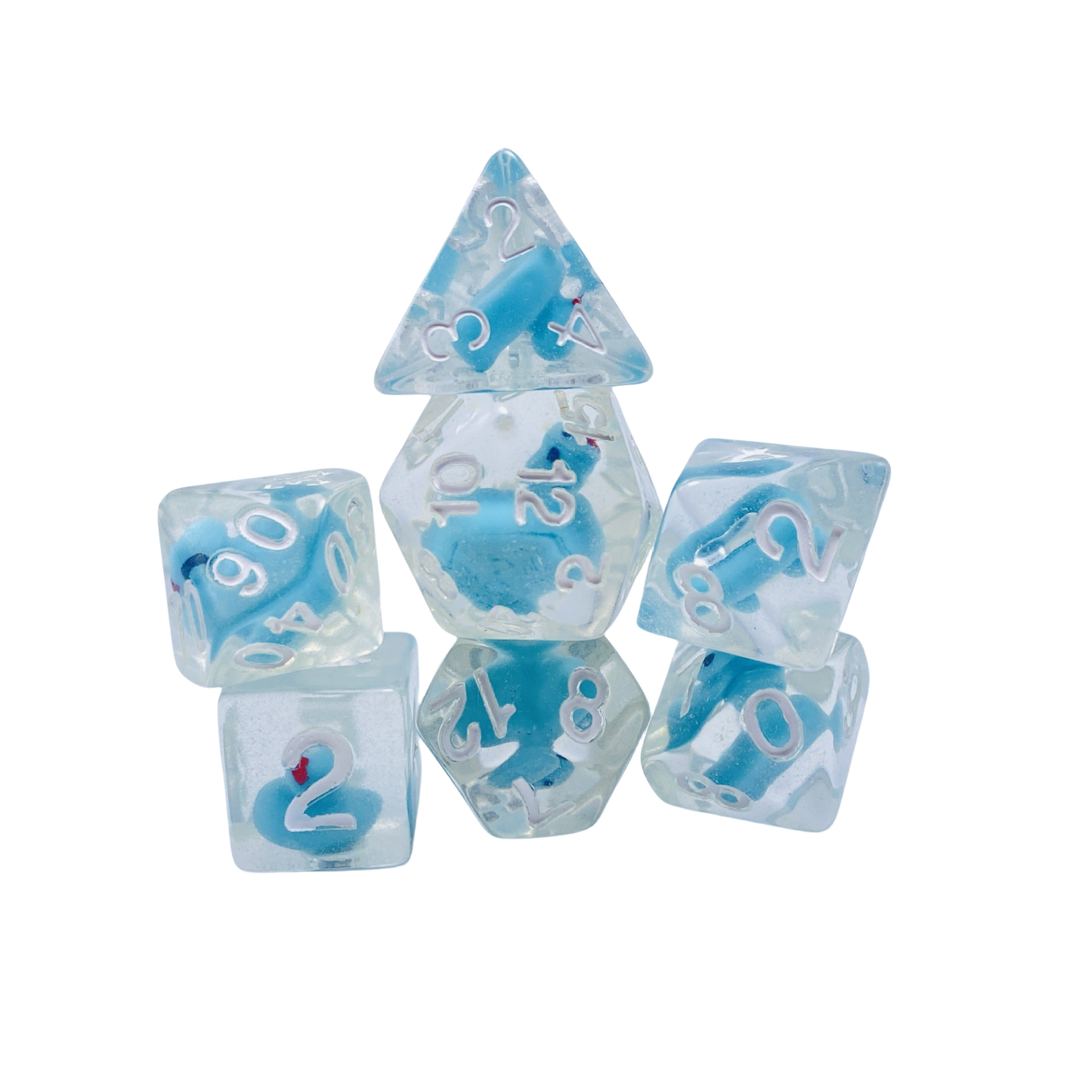 흰색 글자가 있는 수지 투명 코어 블루 오리