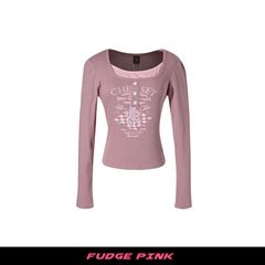 Fudge Pink 25秋季New美式复古辣妹撞色字母印花图案长袖上衣