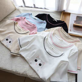 [比正]春季新款 韩版女装时尚白搭印花圆领小可爱猫咪短款T恤7861