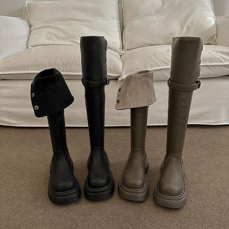 Knielang für Damen im Herbst-Winter, neuer Instagram-Zweiteiler, faltbar, Knight High 2024, kleine Stiefel mit dicken Sohlen_voghion.com