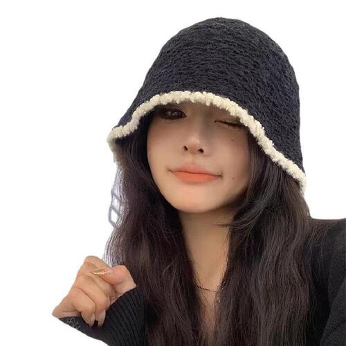Black knitted fisherman hat for women in autumn and winter ins face-showing small bucket hat contrasting color warm large head circumference ear basin hat~