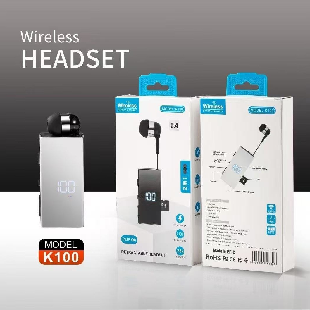 Cross-Border Private Model K100 Lavalier Bluetooth Headset Tf Card Ultra-Long Battery Life Digital Display Wireless Universal Sports