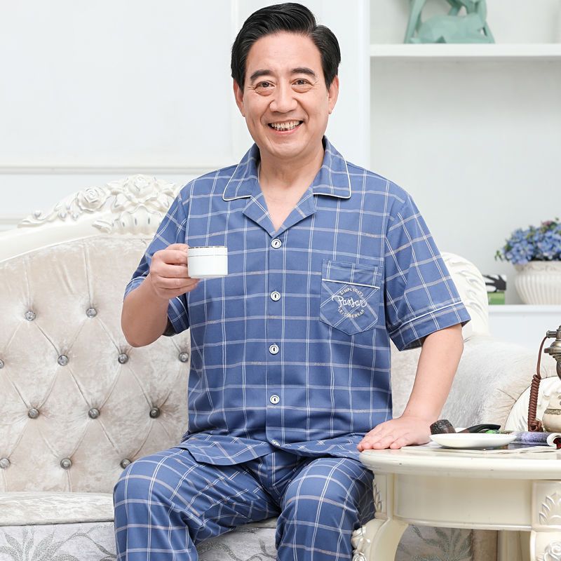 Pajamas de algodón delgado de manga corta para hombres, pajamas de verano, abuelos, padres, pajamas de verano, cuadros