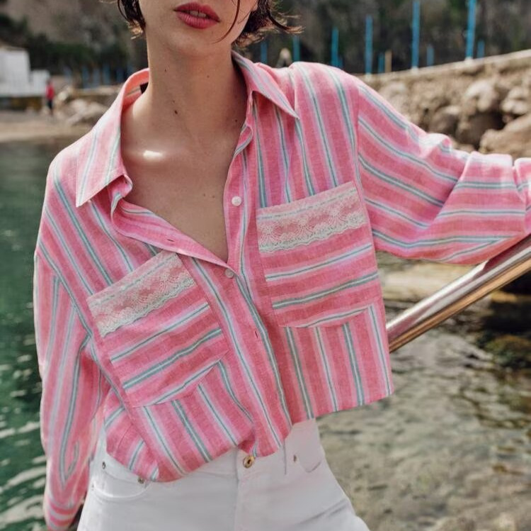 Cross-Border Foreign Trade European and American 2026 Summer New Fashion Stylish Shirt with Lace Details and Striped Design, Short Commuter Style Cross-Border Foreign Trade European and American 2026 Summer New Fashion Stylish Shirt with Lace Details and Striped Design, Short Commuter Style