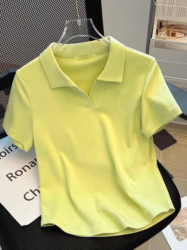 ポロラペル半袖 Tシャツ女性のための 2025 新しい夏ファット mm 右肩カバー腹痩身カーブヘムトップスシャツ|undefined