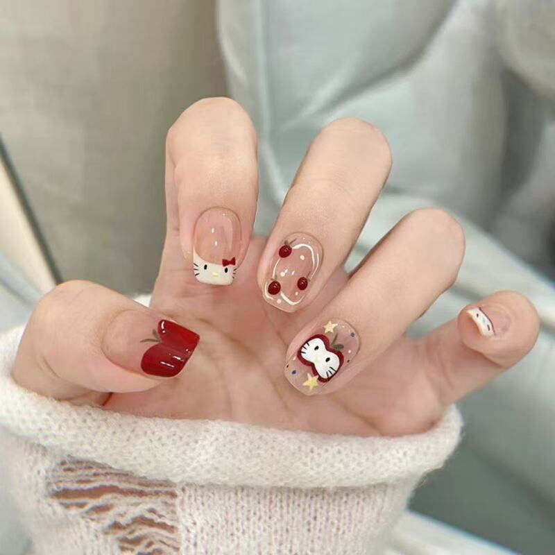Super Cute Apple Kitten Cake Design, Brightening Effect, Wearable Nail Art, Removable Short Nail Pieces, Handmade Sweet Girl Ins-Style Hand-Painted Super Cute Apple Kitten Cake Design, Brightening Effect, Wearable Nail Art, Removable Short Nail Pieces, Handmade Sweet Girl Ins-Style Hand-Painted
