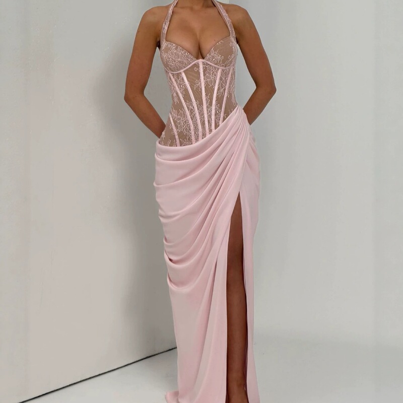 Halter-neck long formal dress with floral sheer lace, fishbone shaping waist, multiple side ruffles, high slit, floor-length skirt in light pink