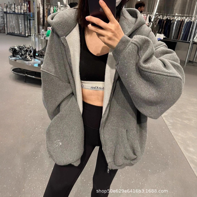 High Version King's New 2025 Autumn and Winter Yang Mi Gray Fine Glitter American Jacket Loose Hooded Velvet Sweatshirt