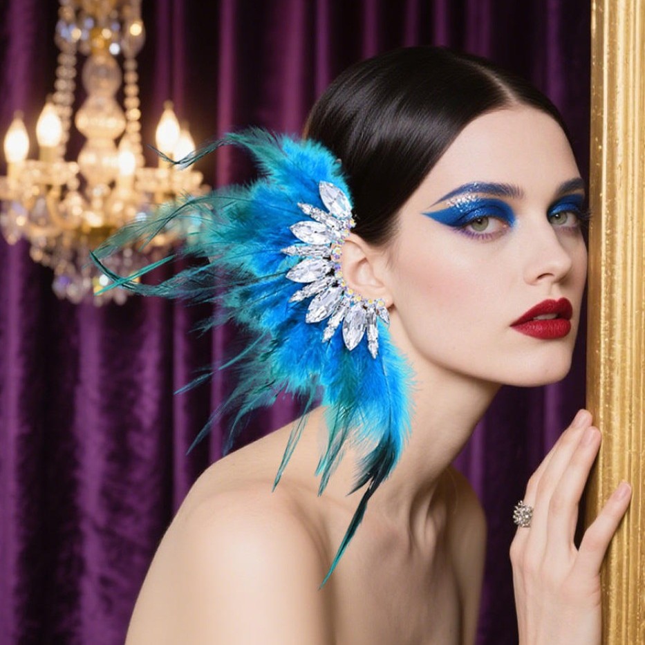 Hot Selling Feather Ear Clips, High-End Rhinestone Earrings, Catwalk Exaggerated Accessories, Women's Earrings, Factory Direct Sales and Wholesale