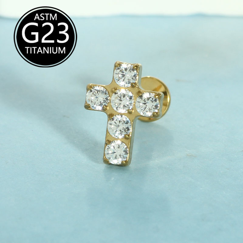 G23 Titanium Cross Stud Earring Lip Labret Nail with 5A Zircon - 1.2mm x 10mm detail image 8