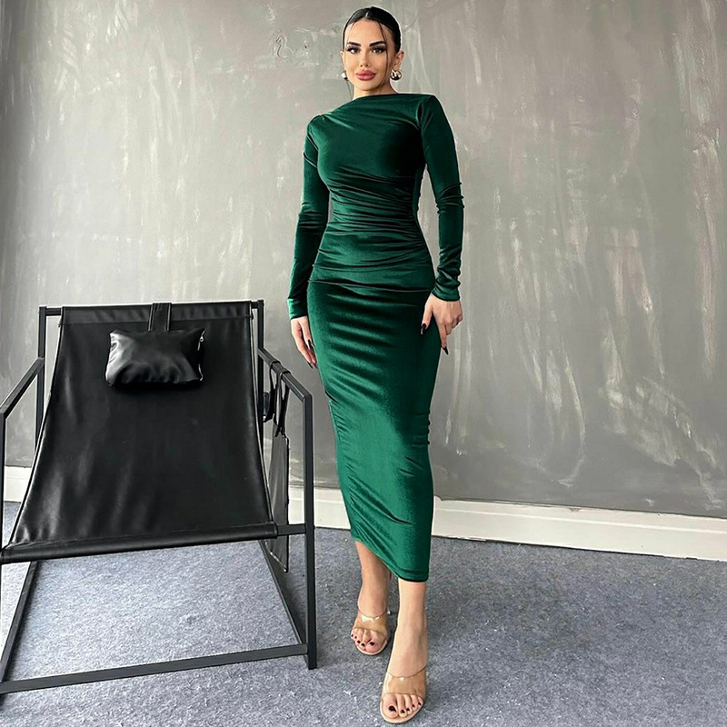 462g Weight Midi Dress Dress Length Type Long Sleeve Sleeve Length Velvet Dress Dresses Type Spandex, Polyester Fabric Type Mid Waist Waist Line Banquet, Evening Party Occasion Round Neck Neckline Slim Fit Type Solid Color Pattern Spring Season Women's Gender Elegant Style Wholesale Women's Elegant Solid Color Banquet Evening Party Round Neck Long Sleeve Velvet Dress 4