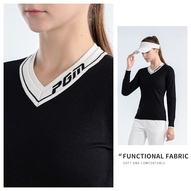 Áo len dài tay nữ cổ tim đào phối màu thể thao golf — YF620-màu trắng, KUZ164-màu xanh nước biển, YF620-Đen, KUZ164-Màu đen