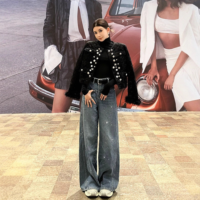 Li Wanjun Wang Heavy Industry Rhinestone Jeans for Women High Waist Starry Sky Wide-Leg Three-Dimensional Cut Straight Jeans