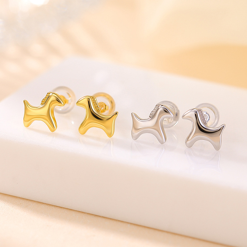Khuyên tai bạc S925 mạ vàng hình ngựa zodiac dễ thương phong cách Hàn Quốc — Loại bạc