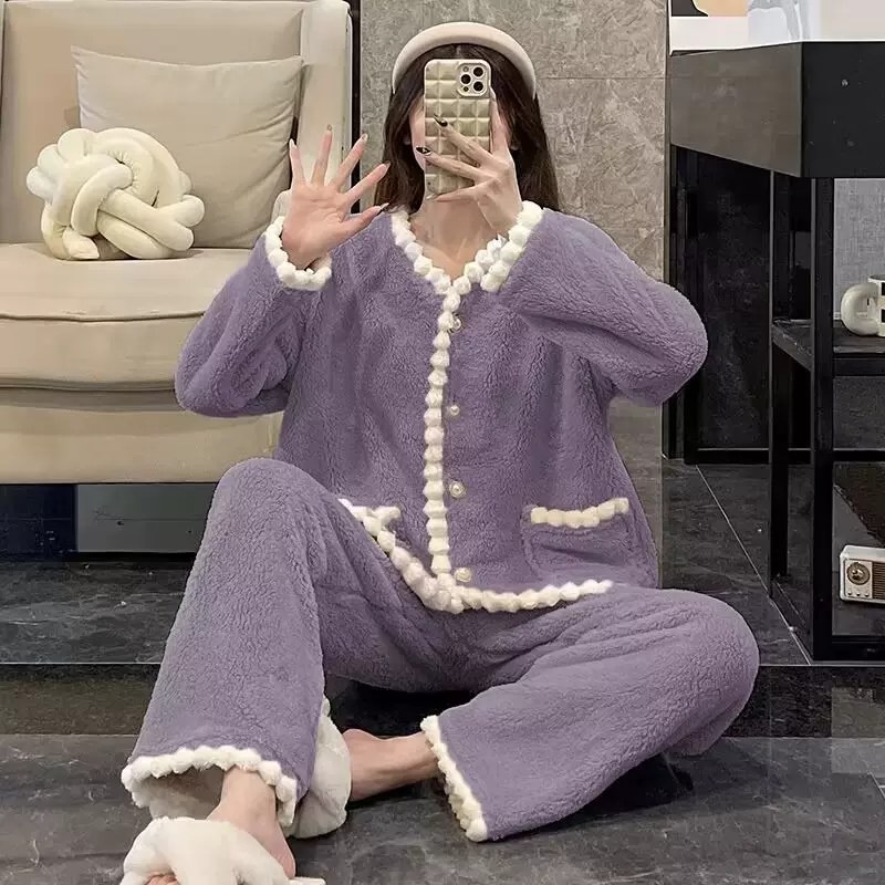 睡衣女冬季法兰绒韩版长袖加厚加绒珊瑚绒可爱秋冬女士家居服套装
