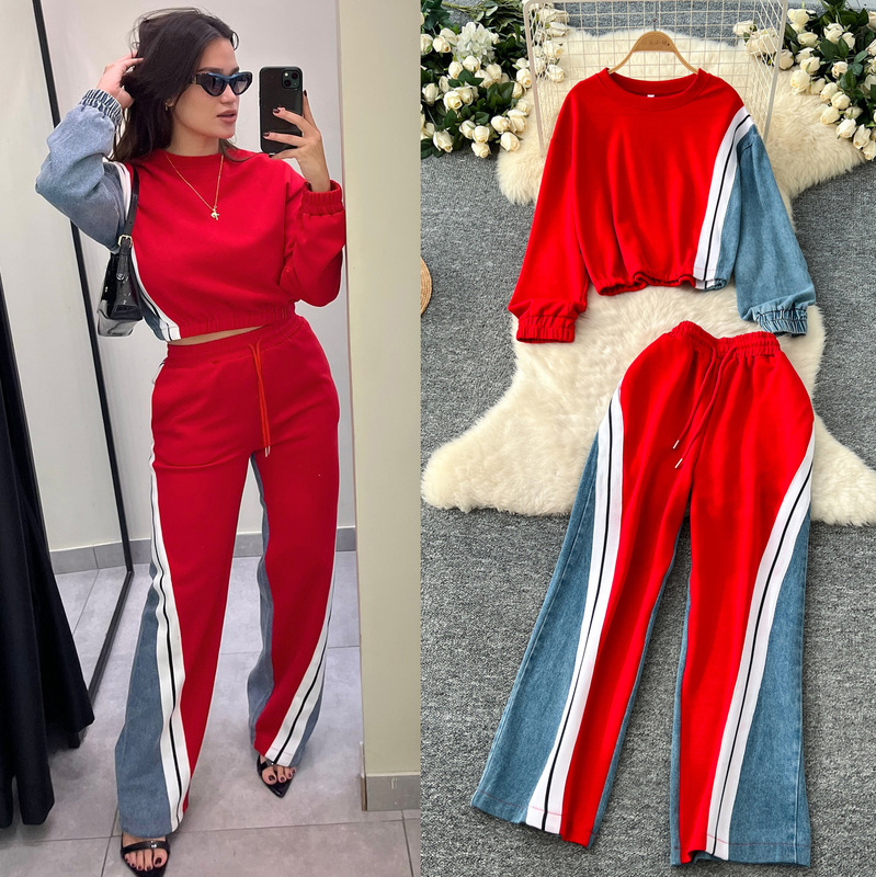 European and American Fashion Denim Suit for Women Retro Casual Color Matching Long-Sleeved Sweatshirt Denim Splicing Wide-Leg Pants Two-Piece Suit
