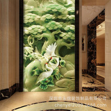 定制仿玉雕影视墙壁纸玄关翡翠纹仙鹤装饰画大厅高档3d背景墙壁画