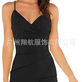 2022亚马逊欧美女式性感褶饰侧不对称 V 领紧身吊带连衣裙