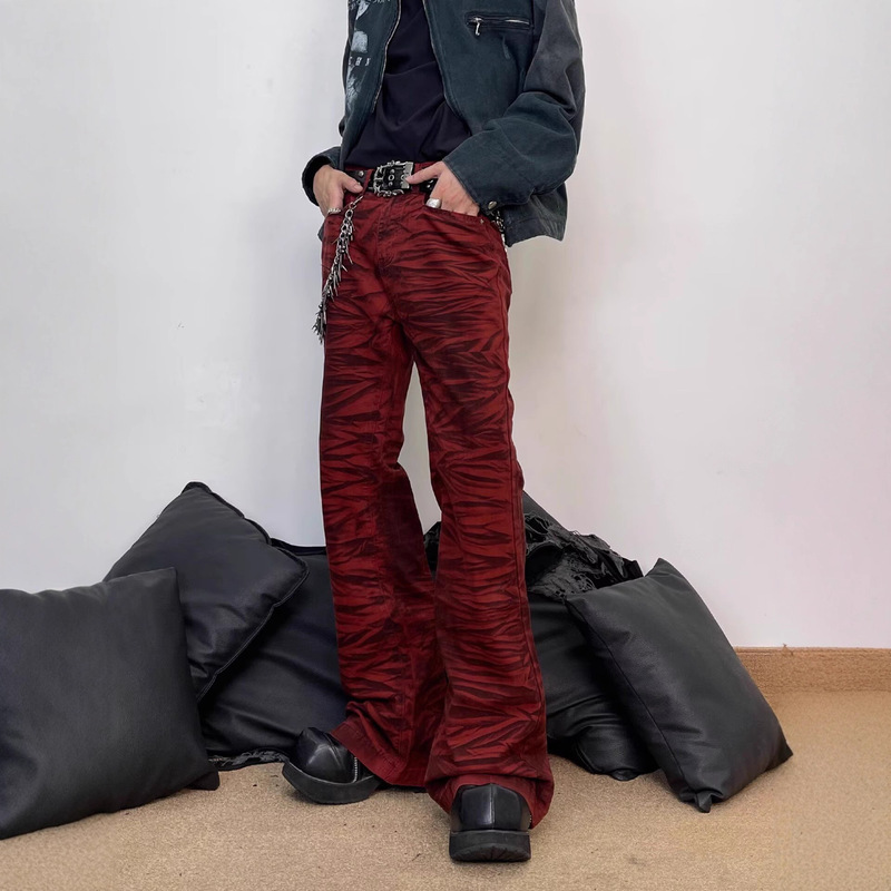 High Street Vibe Style Red Tiger Pattern Retro Bootcut Jeans for Men American Workwear Straight Draped Wide Leg Pants for Men High Street Vibe Style Red Tiger Pattern Retro Bootcut Jeans for Men American Workwear Straight Draped Wide Leg Pants for Men