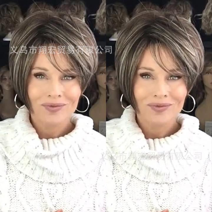 2021 independent website new product research and development European and American wig oblique bangs mixed color brown short straight hair factory wholesale
