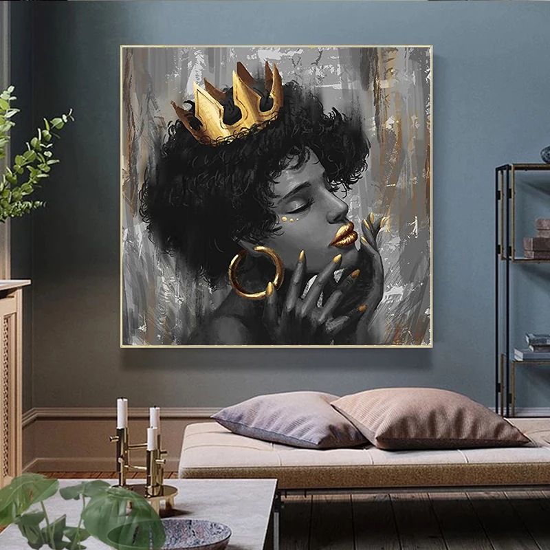 African beautiful black woman wearing crown canvas painting mural poster wall art modern decorative painting