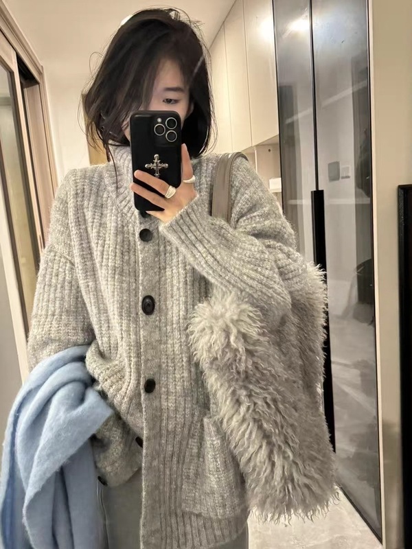 韩系慵懒复古立领毛衣外套女秋冬新款高级感宽松大版软糯针织开衫|undefined
