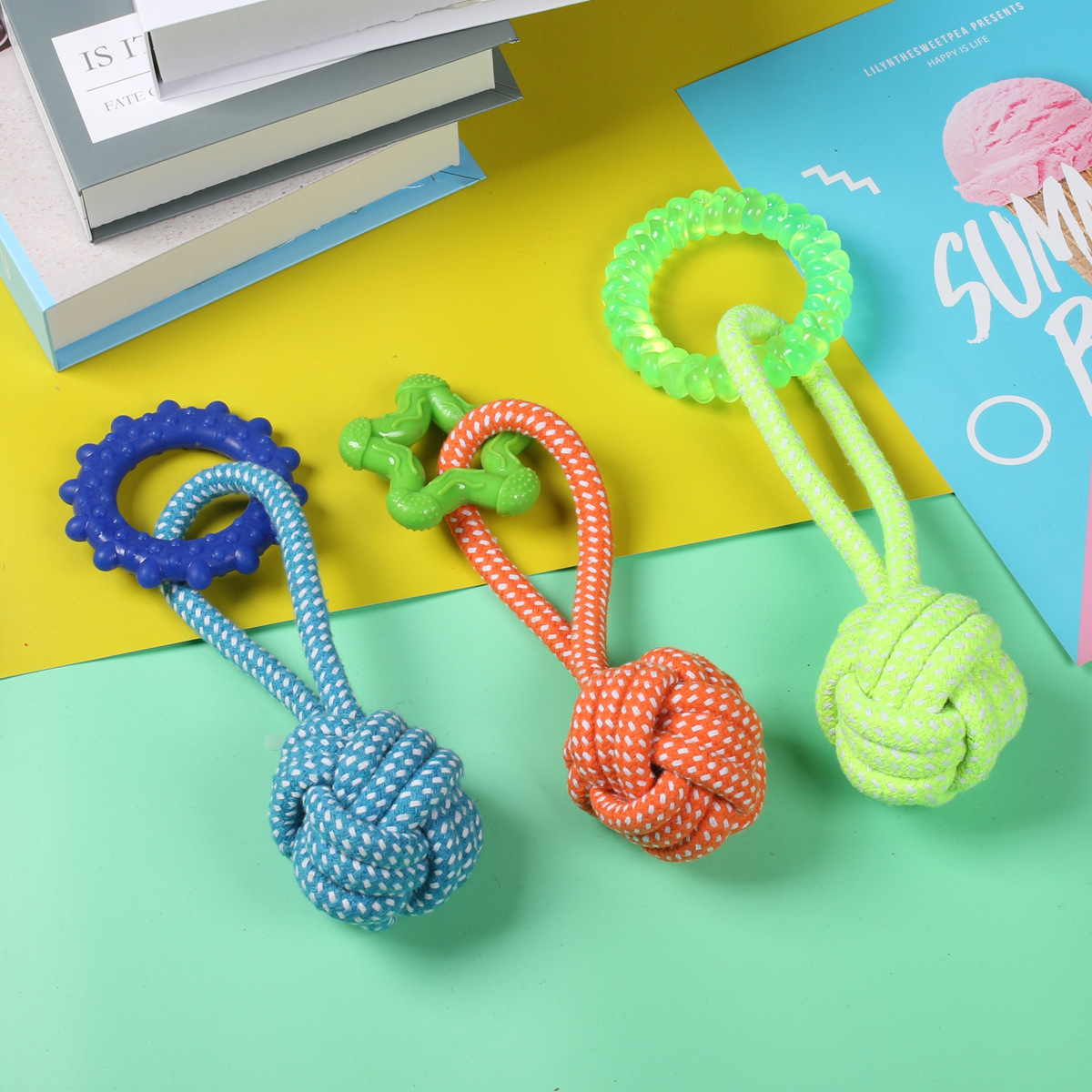 Juguetes transfronterizos para mascotas cuerdas de algodón trenzadas resistentes a la mordedura cachorro molar juguetes para perros