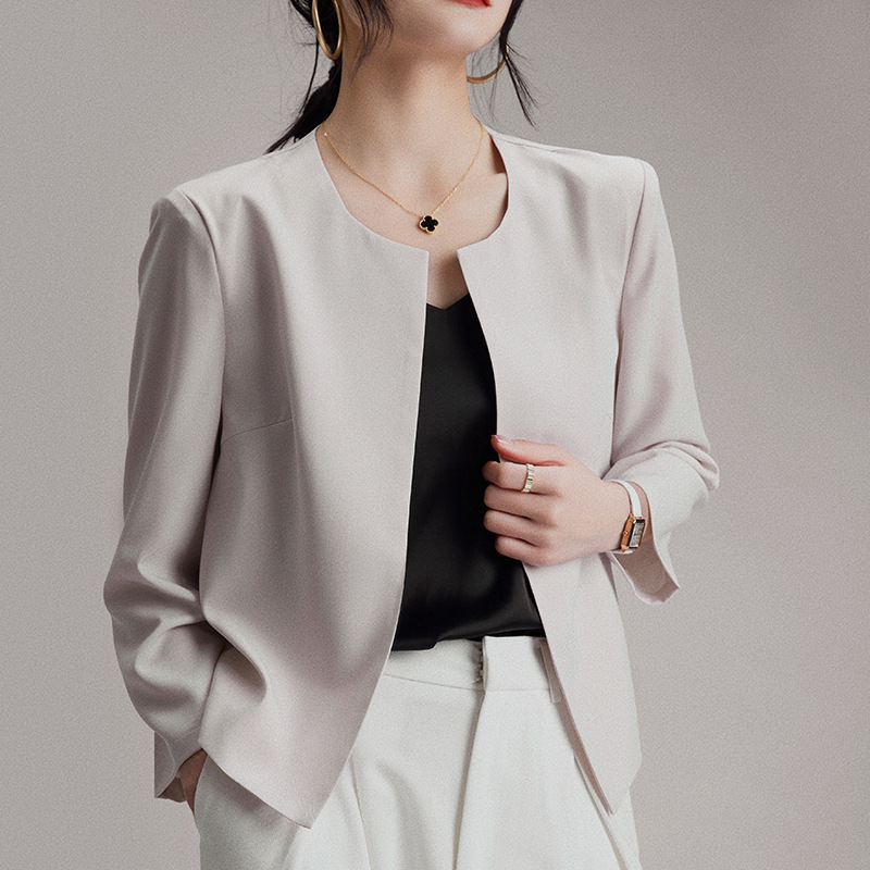 2025 Spring and Summer New Pure Color Round Neck Small Suit Long-Sleeved Women's Pure Color Loose Versatile Buttonless Jacket Top 2025 Spring and Summer New Pure Color Round Neck Small Suit Long-Sleeved Women's Pure Color Loose Versatile Buttonless Jacket Top