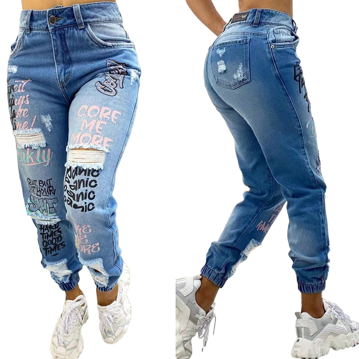 Women's Skinny Jeans Letter Print Ripped Washed Retro Relaxed Everyday Wear Comfortable Feshion_ecoleips.com
