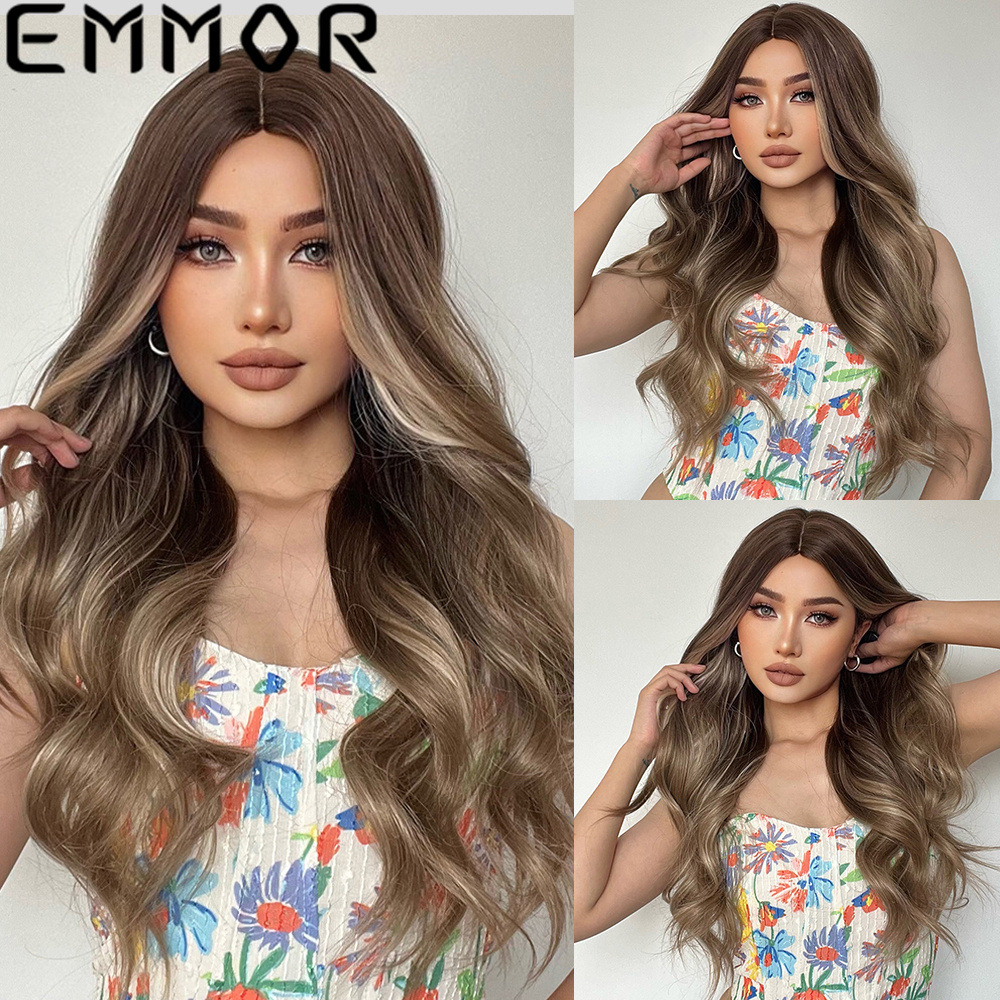 Amazon europeo y americano blanco peluca punto medio teñido degradado gris marrón largo pelo rizado fibra química peluca completa cabeza cubierta pelucas