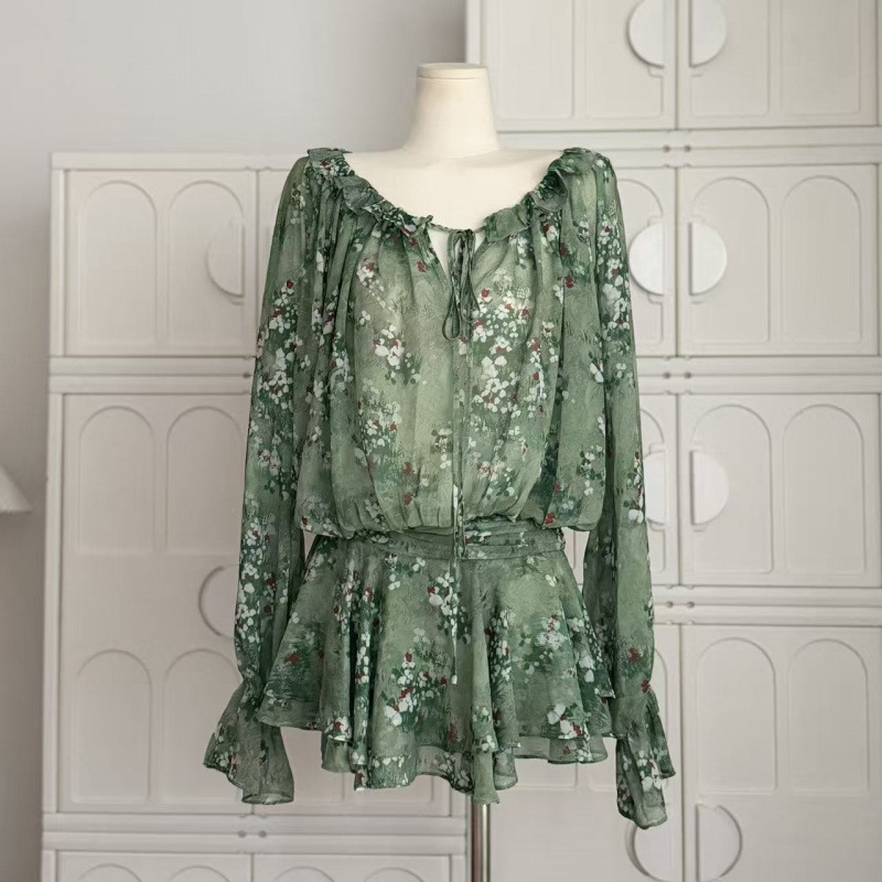 Senna Romantic Escape "Monet 6.0" Green Floral Dress with Ruffles, Waist-Cinching, and Off-The-Shoulder Design for a Southern French Holiday