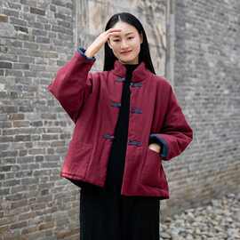 中国风复古盘扣棉袄立领短款外套女士冬夹棉加厚禅意保暖茶服棉衣