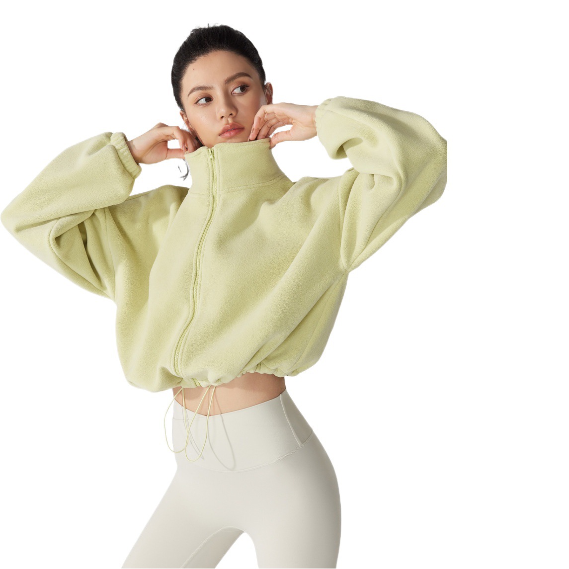 Chaqueta deportiva de cachemira europea y americana para mujer Otoño e Invierno forrada de lana engrosada cuello alto chaqueta de lana fitness casual polar top