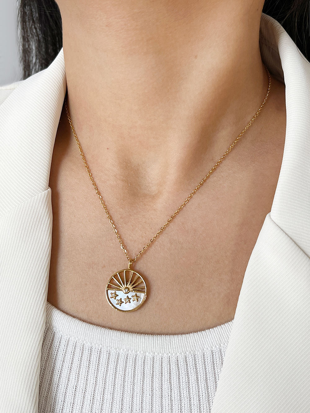 Fashion Pentagram Stainless Steel Plating Inlay Rhinestones Shell Pendant Necklace 1 Piece