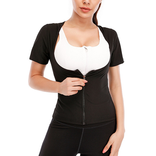 European and American plus-size sport body shaping tops with zipper short sleeve sweat-proof tops with waist-cinching and chest-lifting shaping tops, fitness sweat-proof tops